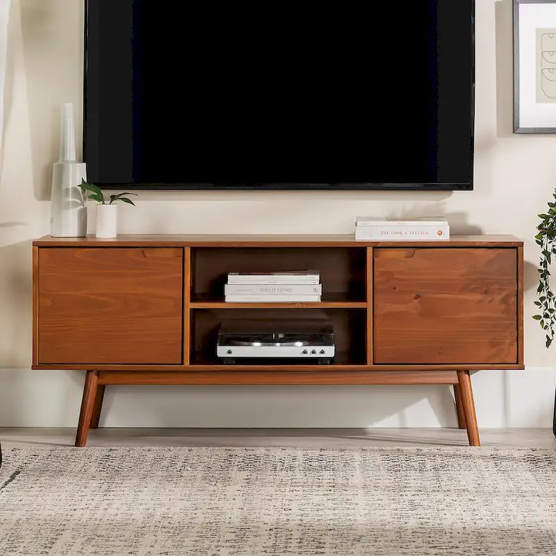 58-Inch Mid-Century Wood TV Stand - Natural Pine - Holds up to 65" TVs