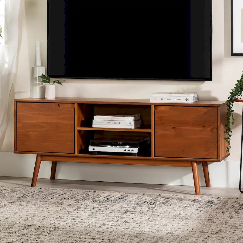 58-Inch Mid-Century Wood TV Stand - Natural Pine - Holds up to 65" TVs