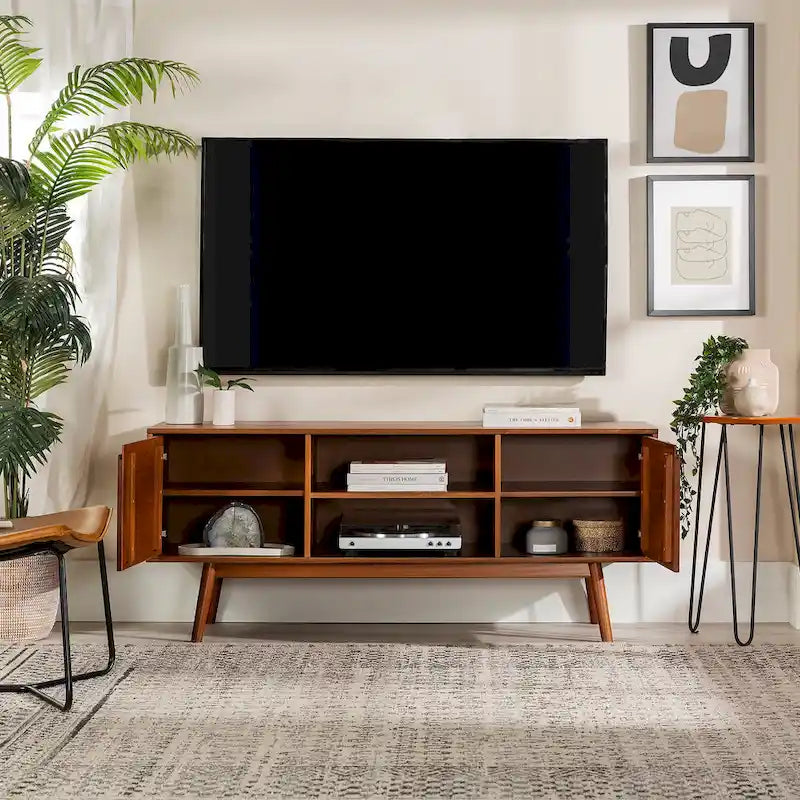 58-Inch Mid-Century Wood TV Stand - Natural Pine - Holds up to 65" TVs