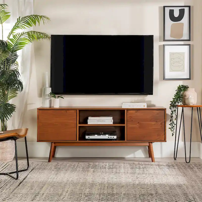 58-Inch Mid-Century Wood TV Stand - Natural Pine - Holds up to 65" TVs
