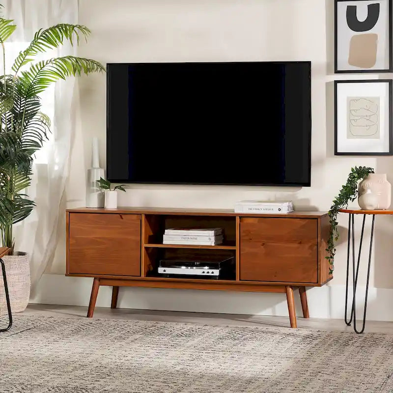 58-Inch Mid-Century Wood TV Stand - Natural Pine - Holds up to 65" TVs