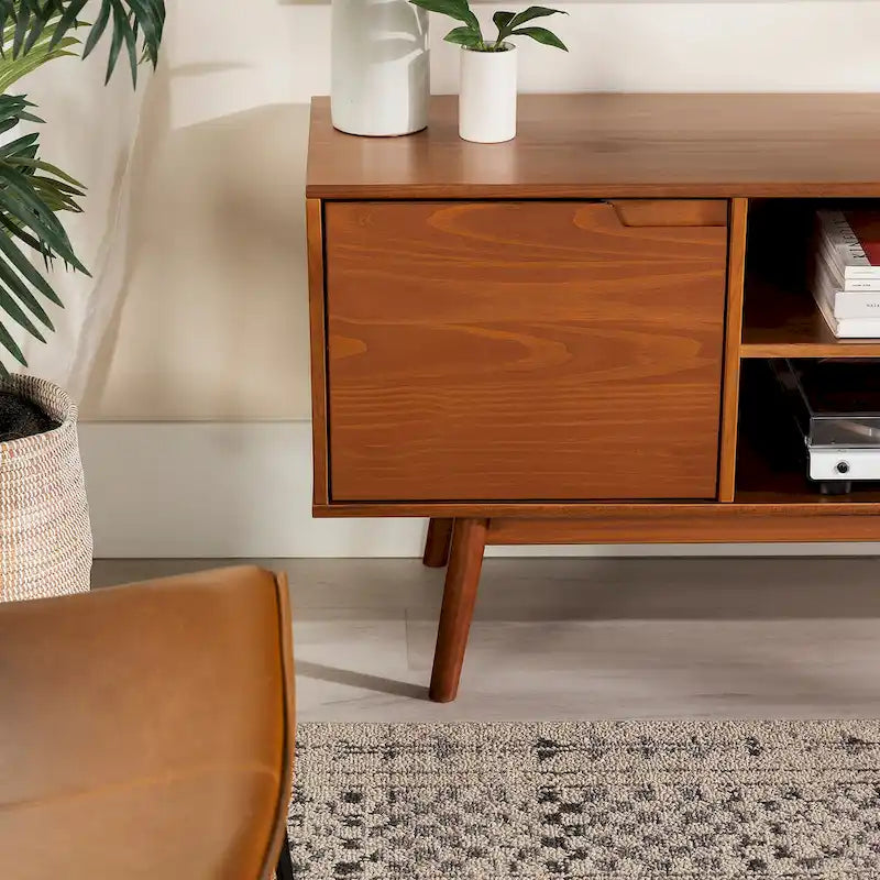 58-Inch Mid-Century Wood TV Stand - Natural Pine - Holds up to 65" TVs