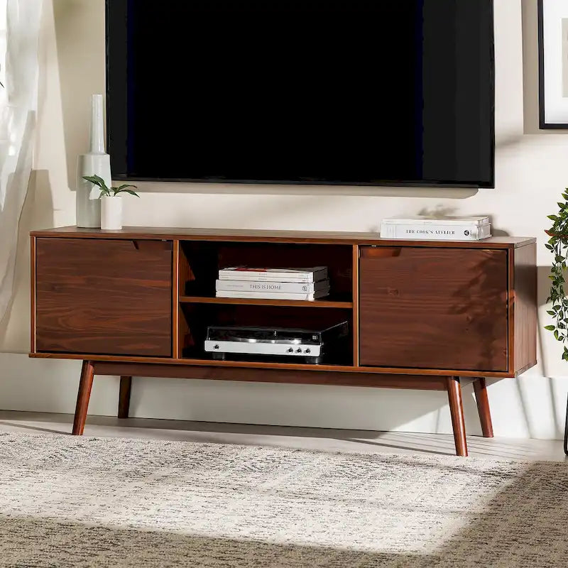 58-Inch Mid-Century Wood TV Stand - Natural Pine - Holds up to 65" TVs