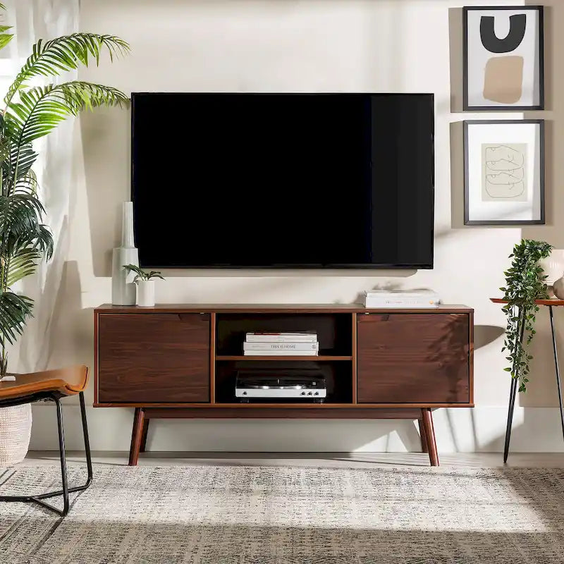 58-Inch Mid-Century Wood TV Stand - Natural Pine - Holds up to 65" TVs