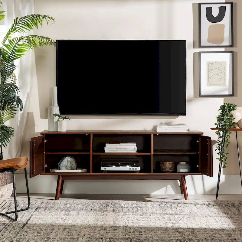 58-Inch Mid-Century Wood TV Stand - Natural Pine - Holds up to 65" TVs