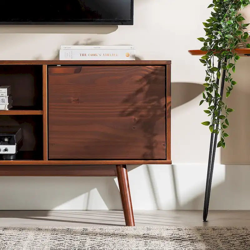 58-Inch Mid-Century Wood TV Stand - Natural Pine - Holds up to 65" TVs