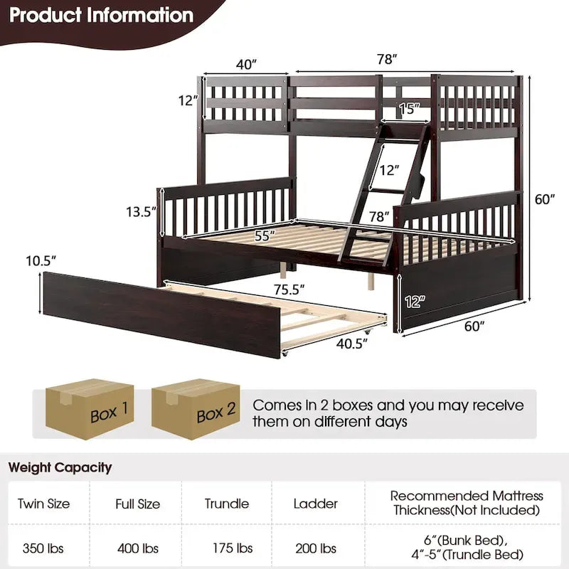 Espresso/White Twin Over Full Bunk Bed with Trundle - Sleeps 3