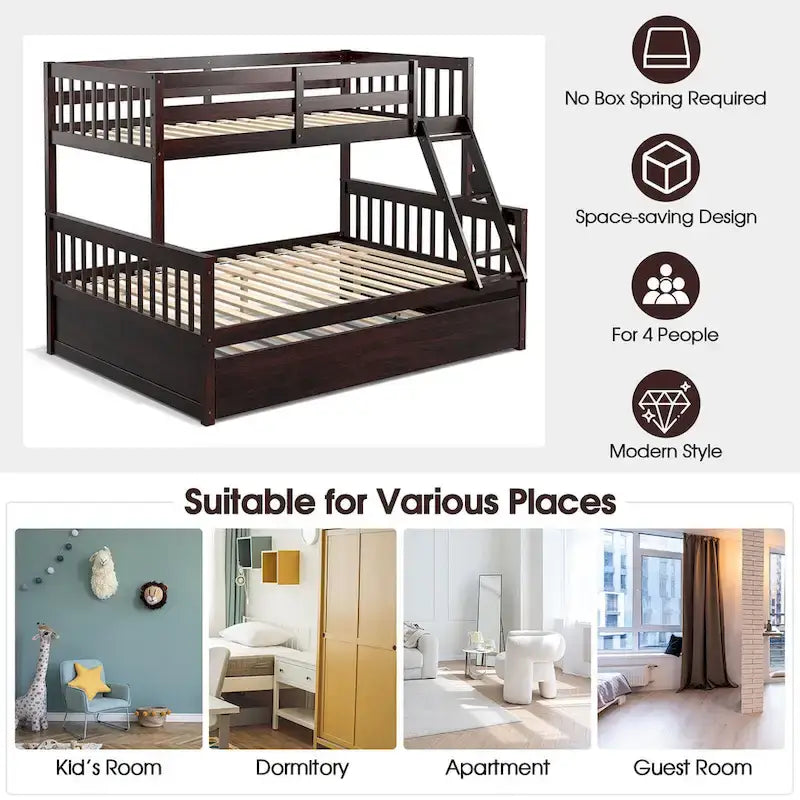 Espresso/White Twin Over Full Bunk Bed with Trundle - Sleeps 3