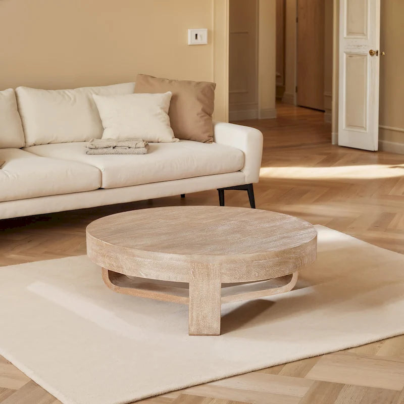 32" Round Coffee Table, Natural Brown Mango Wood, Sled Base