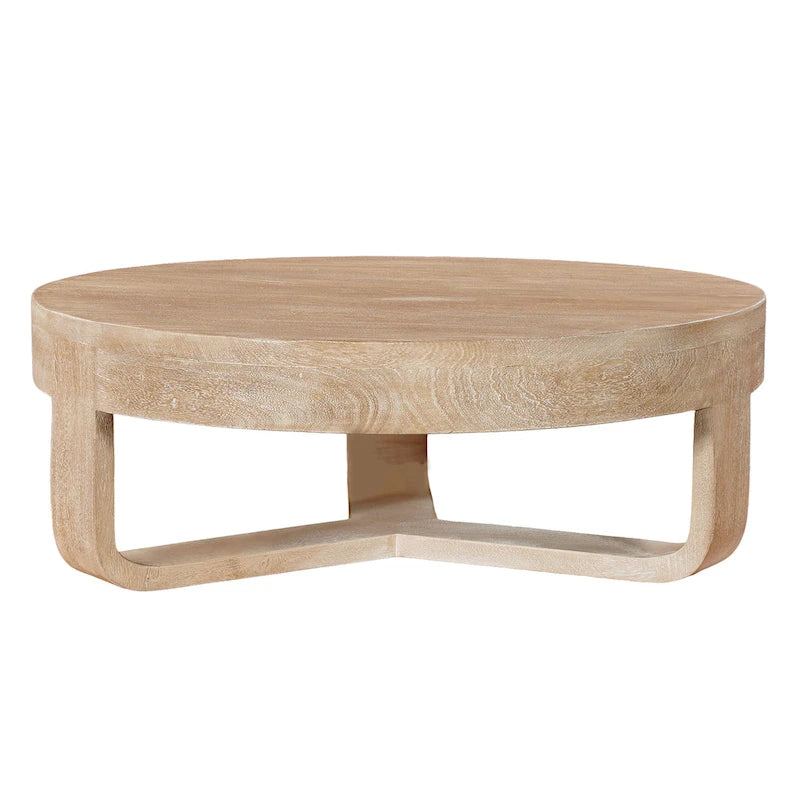 32" Round Coffee Table, Natural Brown Mango Wood, Sled Base