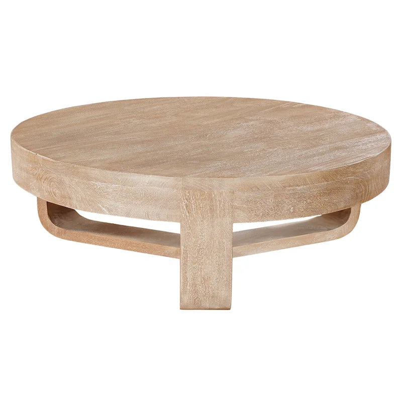 32" Round Coffee Table, Natural Brown Mango Wood, Sled Base