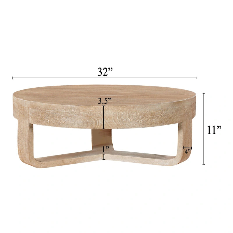 32" Round Coffee Table, Natural Brown Mango Wood, Sled Base