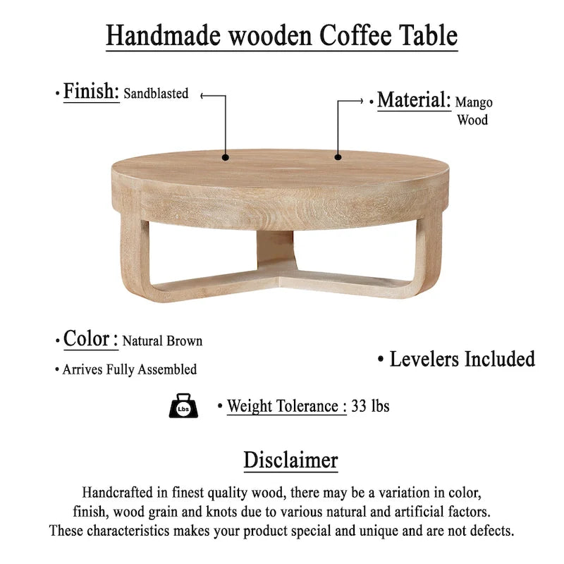 32" Round Coffee Table, Natural Brown Mango Wood, Sled Base