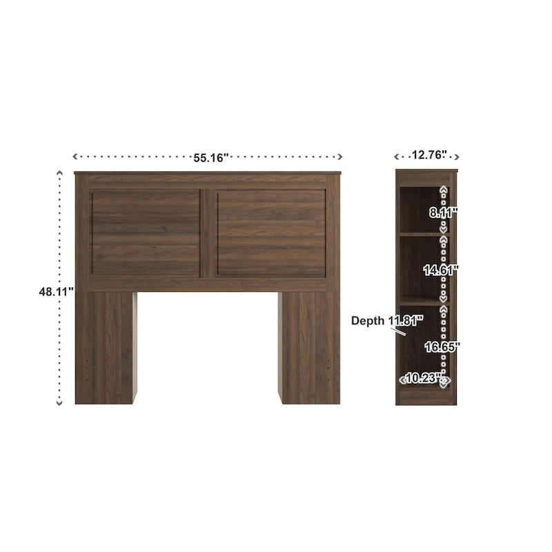Walnut Finish Full Storage Headboard with Shelves