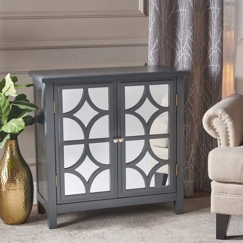 Charcoal Gray Mirrored Double Door Cabinet