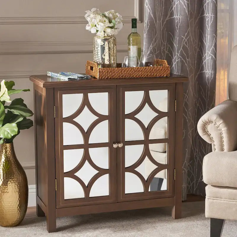 Charcoal Gray Mirrored Double Door Cabinet