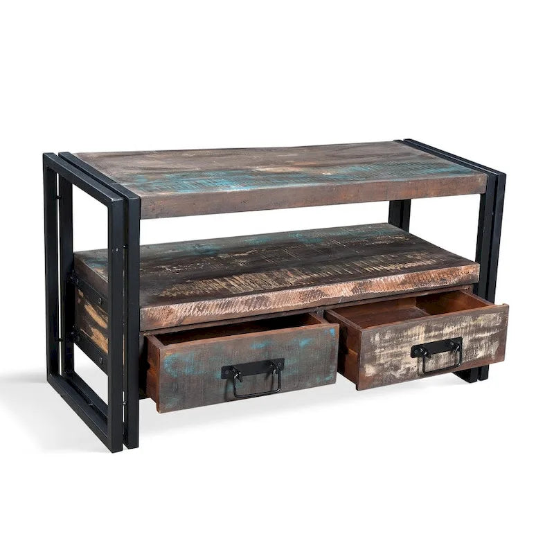 Reclaimed Wood TV Cabinet with Double Drawers - Rustic Industrial Style