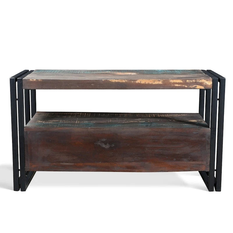 Reclaimed Wood TV Cabinet with Double Drawers - Rustic Industrial Style