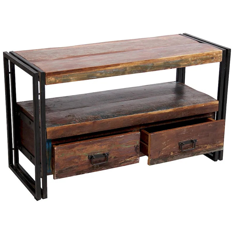 Reclaimed Wood TV Cabinet with Double Drawers - Rustic Industrial Style