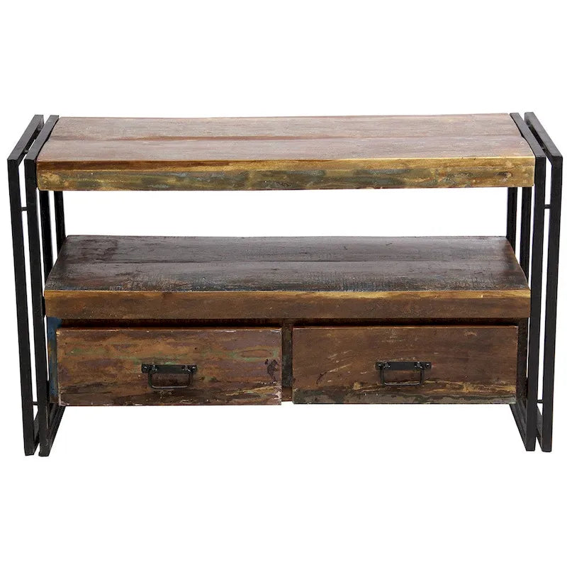 Reclaimed Wood TV Cabinet with Double Drawers - Rustic Industrial Style