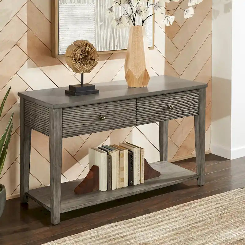 Antique Grey Fiber Cement Console Table with Drawers and Shelf