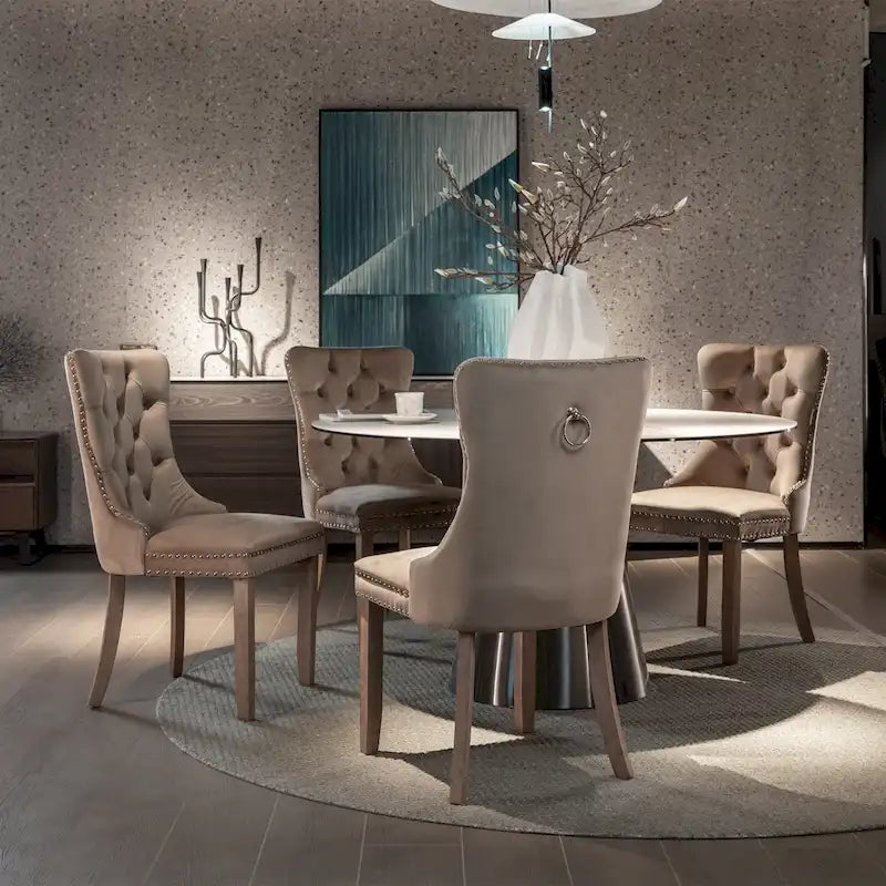 Modern Set of 2 Velvet Tufted Dining Chair with Wood Legs and Nailhead Trim