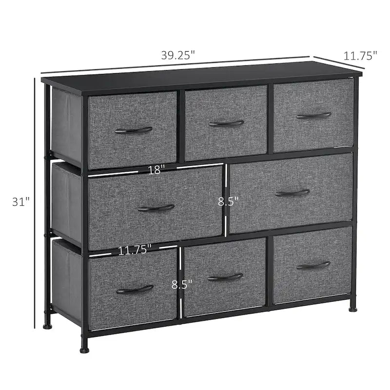 8-Drawer Fabric Storage Tower, Grey, 3-Tier Organizer with Steel Frame