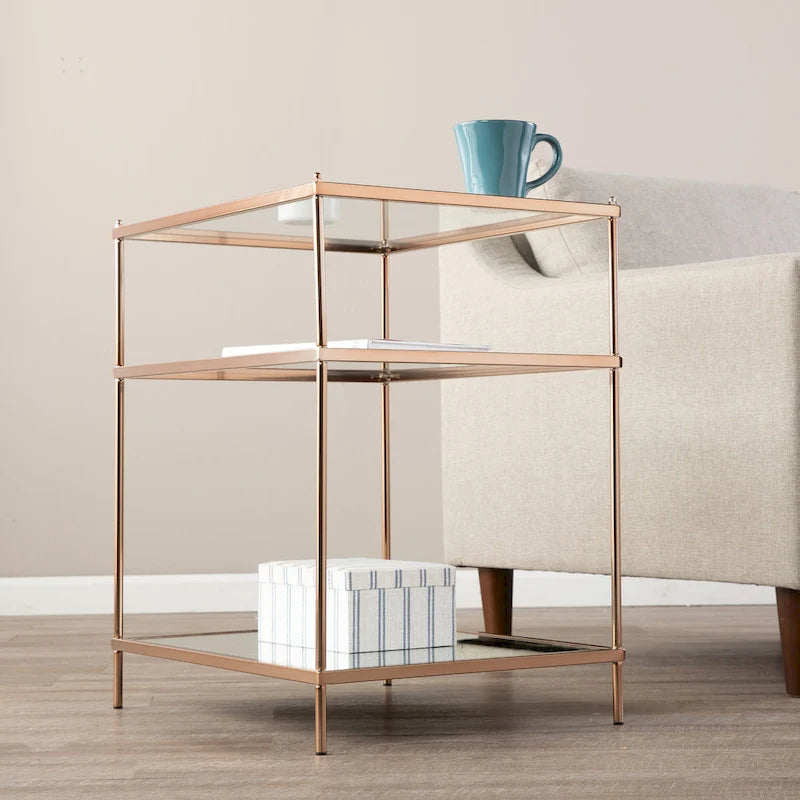 Copper Glass Top Side Table - 3-Tier Rectangular Accent Table