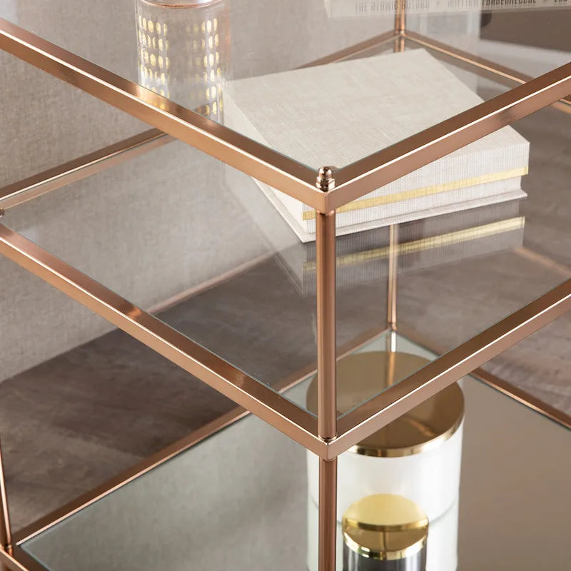 Copper Glass Top Side Table - 3-Tier Rectangular Accent Table