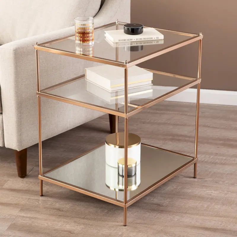 Copper Glass Top Side Table - 3-Tier Rectangular Accent Table