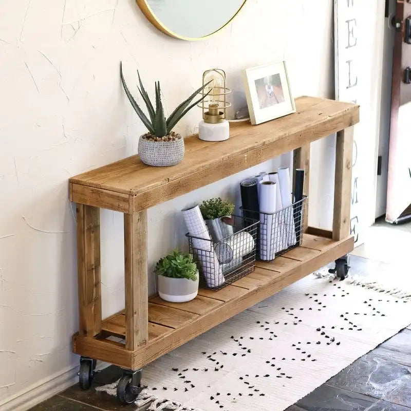 Natural Wood 60" Console Table on Wheels