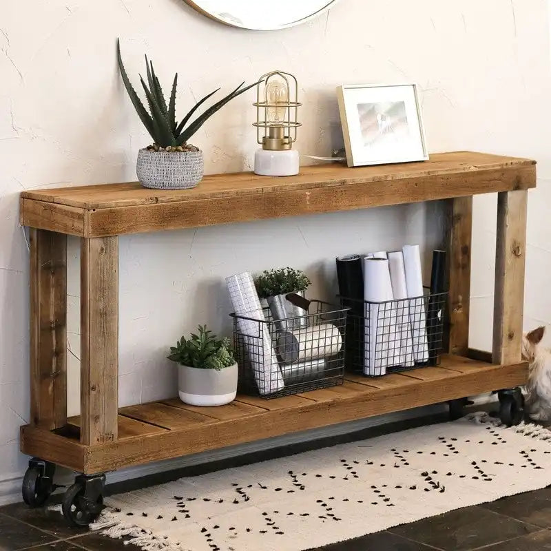 Natural Wood 60" Console Table on Wheels
