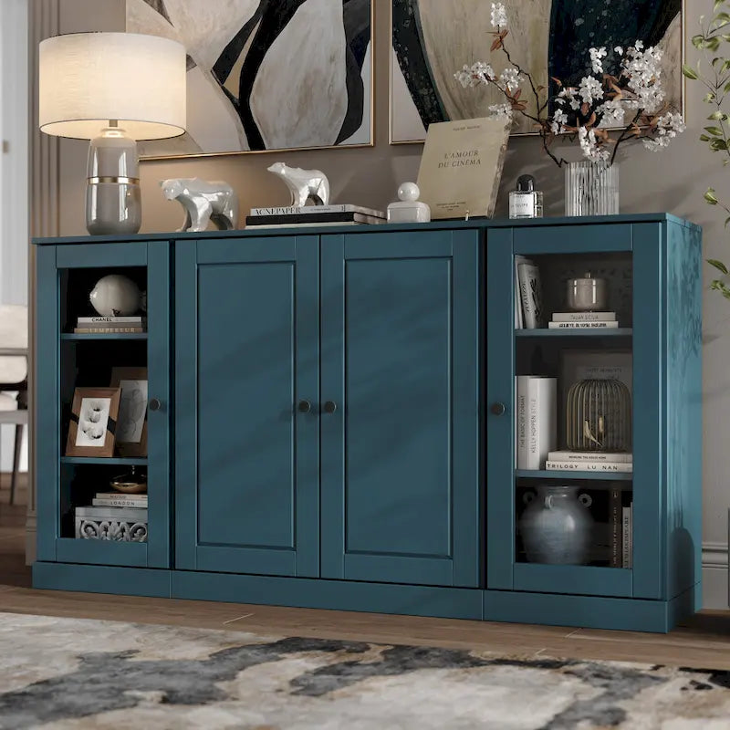 65" Solid Wood Sideboard - White Gray/Black/Teal - 3-Unit Storage Cabinet