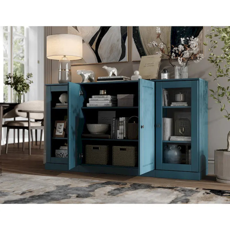 65" Solid Wood Sideboard - White Gray/Black/Teal - 3-Unit Storage Cabinet