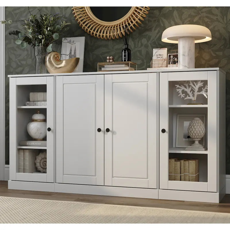 65" Solid Wood Sideboard - White Gray/Black/Teal - 3-Unit Storage Cabinet