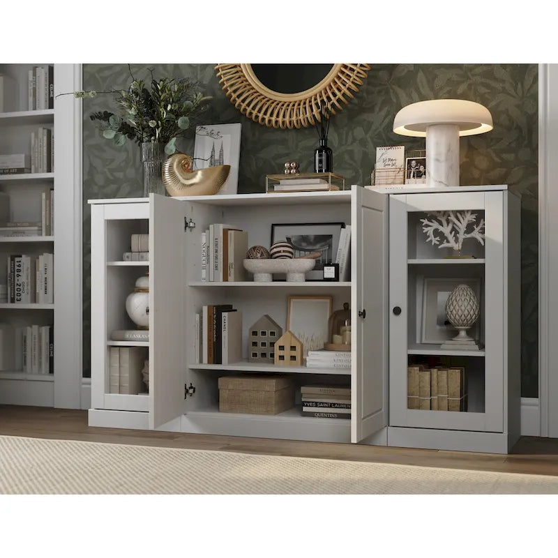 65" Solid Wood Sideboard - White Gray/Black/Teal - 3-Unit Storage Cabinet