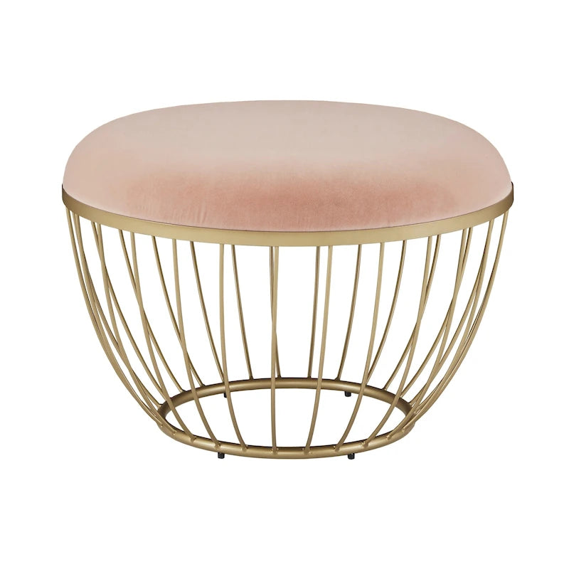Round Upholstered Ottoman - Pink Velvet/Beige Linen - Single Seat