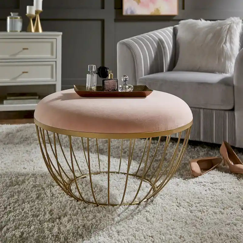 Round Upholstered Ottoman - Pink Velvet/Beige Linen - Single Seat