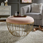 Round Upholstered Ottoman - Pink Velvet/Beige Linen - Single Seat