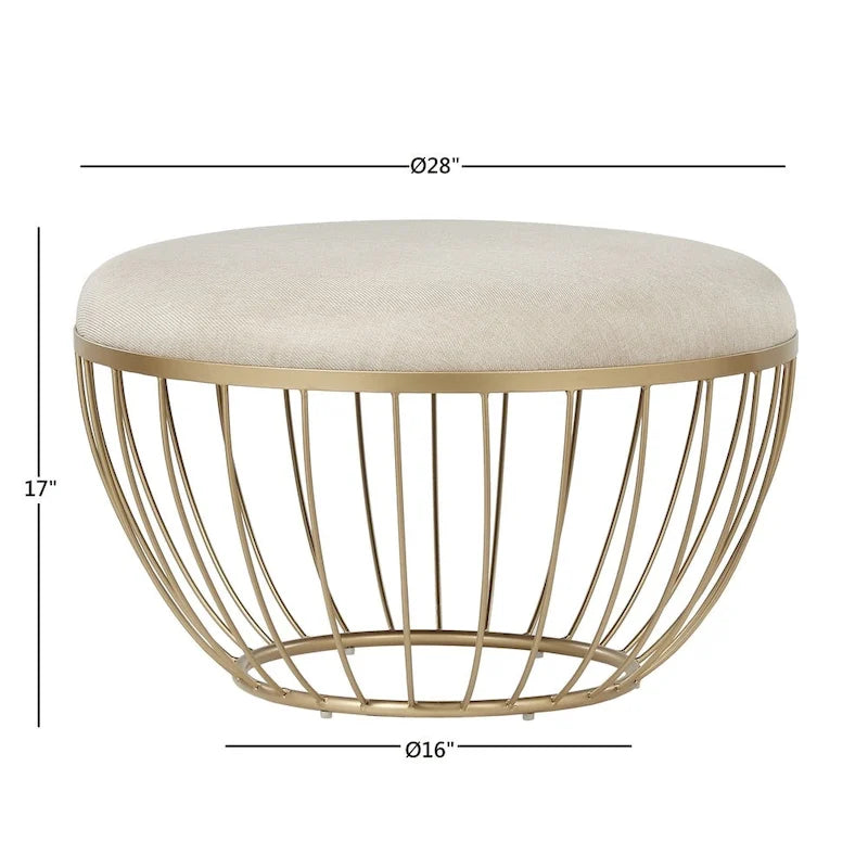 Round Upholstered Ottoman - Pink Velvet/Beige Linen - Single Seat