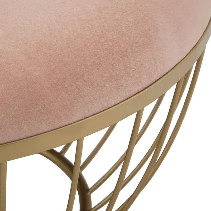 Round Upholstered Ottoman - Pink Velvet/Beige Linen - Single Seat