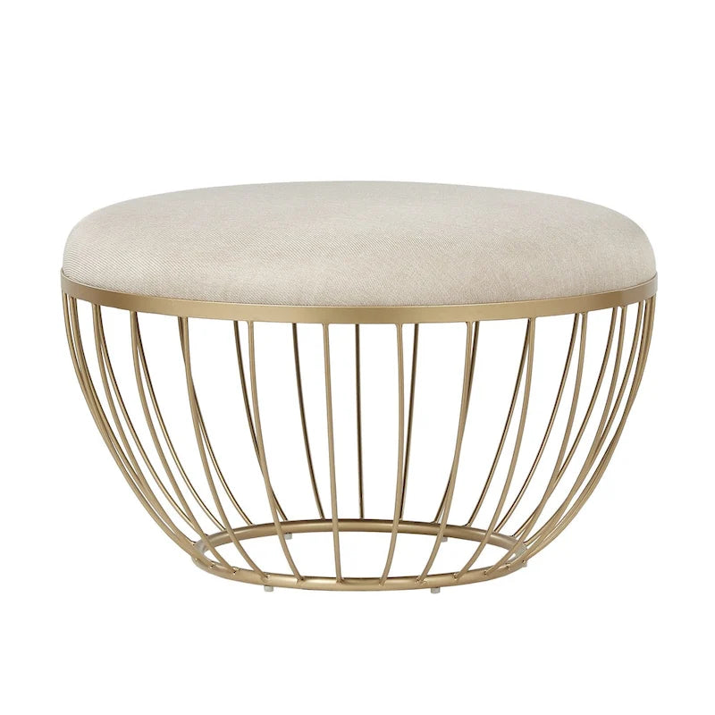 Round Upholstered Ottoman - Pink Velvet/Beige Linen - Single Seat