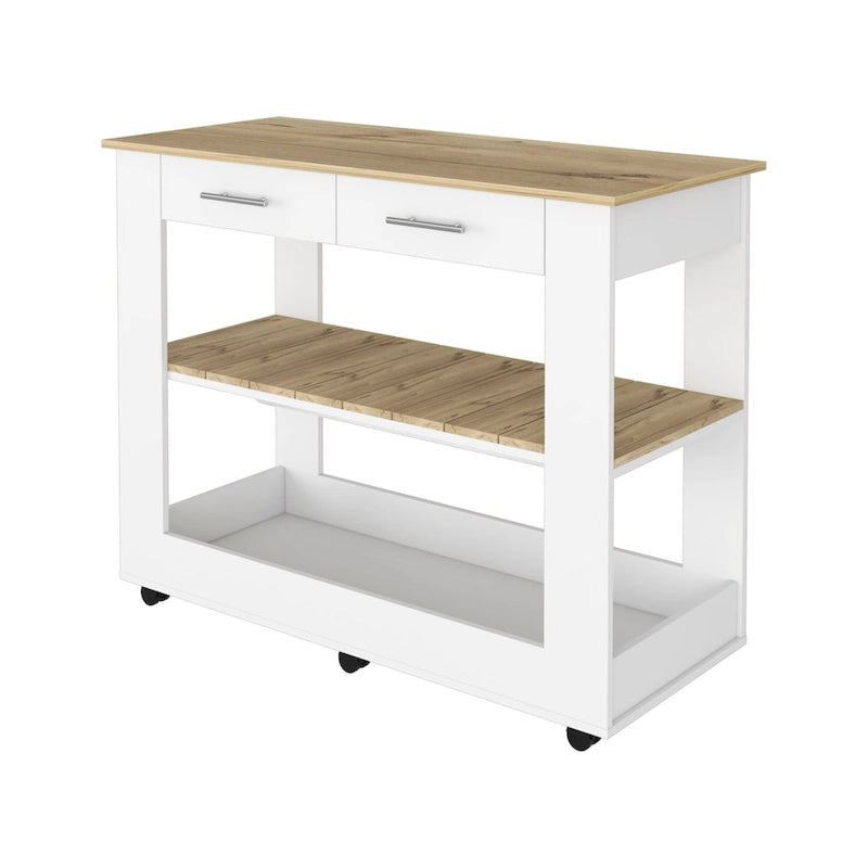 Light Oak Kitchen Island with Drawers and Shelves