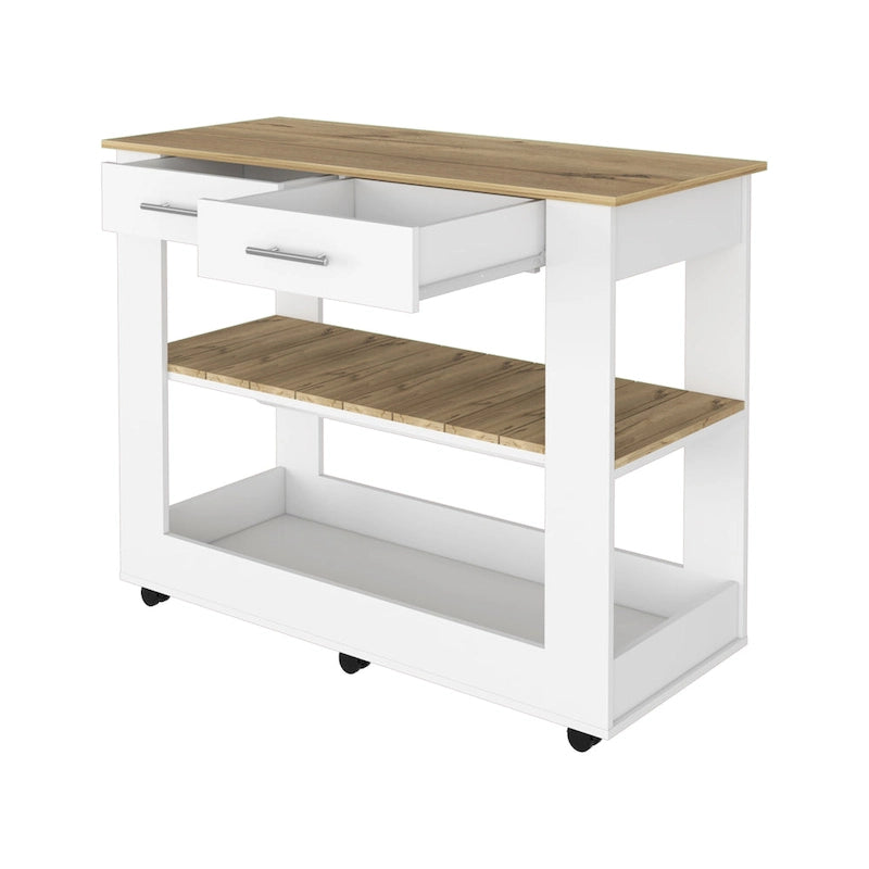 Light Oak Kitchen Island with Drawers and Shelves