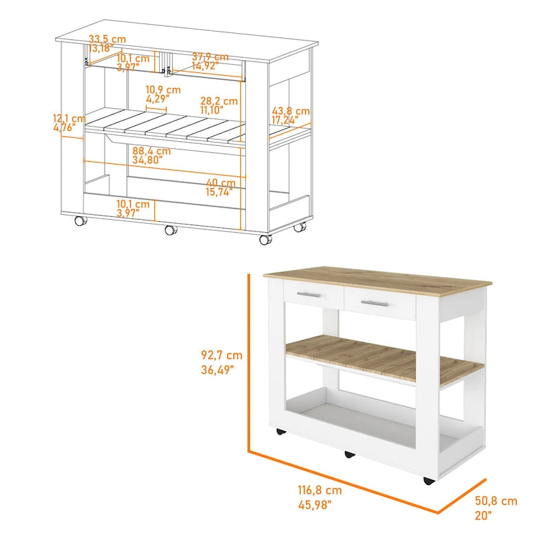 Light Oak Kitchen Island with Drawers and Shelves