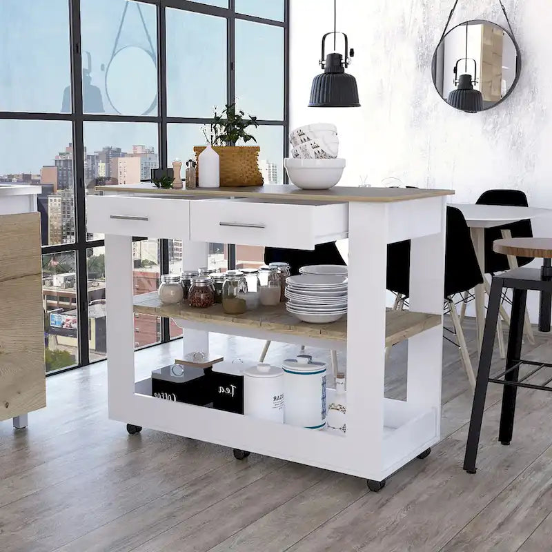 Light Oak Kitchen Island with Drawers and Shelves