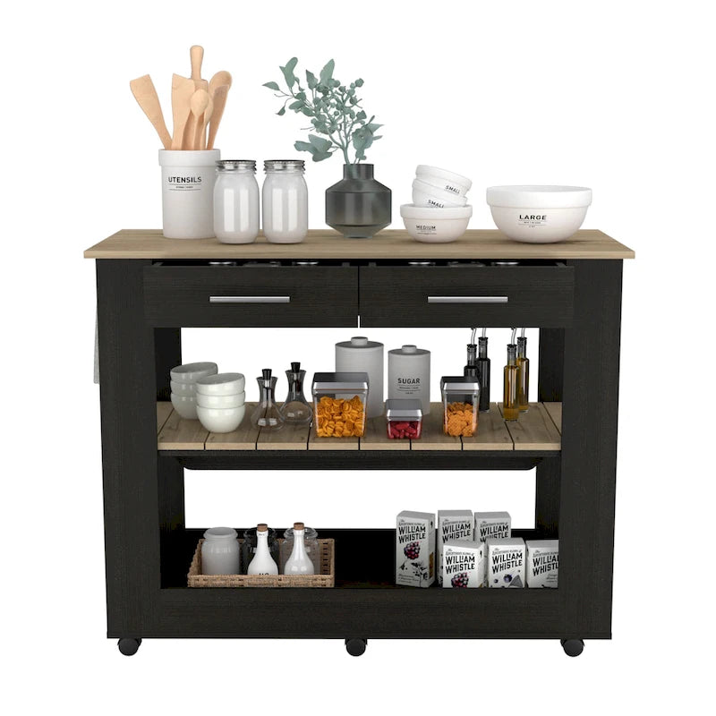 Light Oak Kitchen Island with Drawers and Shelves