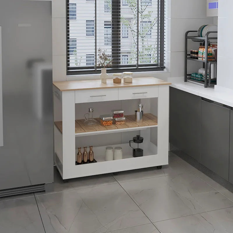 Light Oak Kitchen Island with Drawers and Shelves