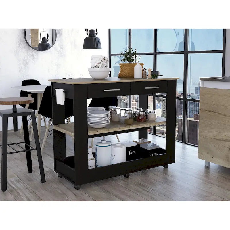 Light Oak Kitchen Island with Drawers and Shelves