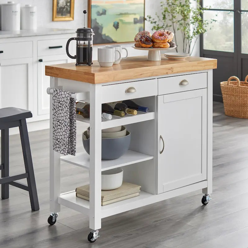 White Rolling Kitchen Cart with Wine Rack - Multi-Purpose Storage